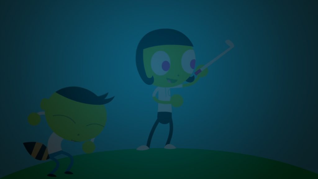 Still from PBS Kids commercial cut of a young green cartoon boy and girl golfing on a hill. Flavorlab Score provided original music to the PBS Kids IDs.|