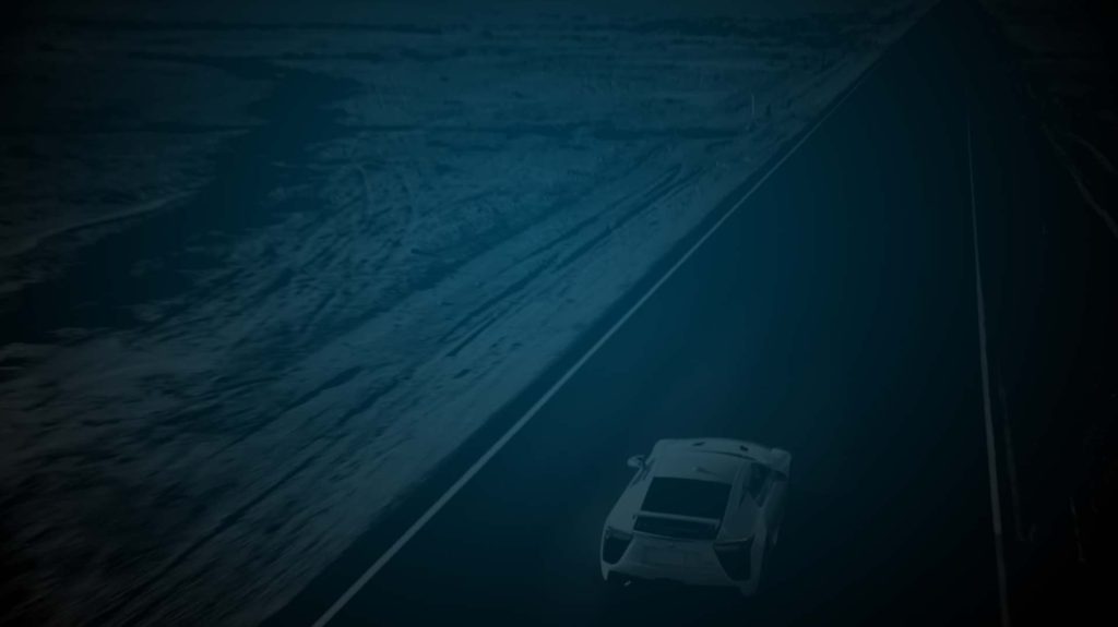 Overhead shot of a Lexus driving on an empty road in the desert. Flavorlab Sound provided audio post for this Lexus spot.|Picture of a Lexus for the Lexus Team One campaign. Mixed by Brian Quill.