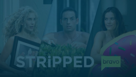 Still of three contestants covering their naked bodies with random objects on Bravo's Stripped. Producer's Toolbox provided blanket music licensing for the series.|