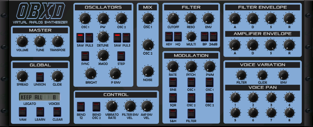 Image of the OBXD VST Plugin. Flavorlab Score featured a list of the 40 best Free VST's in the World Today for custom scoring and sound design.