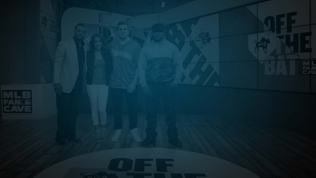 Shot of the cast of Off The Bat: MLB Baseball. Flavorlab Score provided original music for the series.|Poster for MTV's Off The Bat MLB Fan Cave. Flavorlab provided music licensing for the series.|